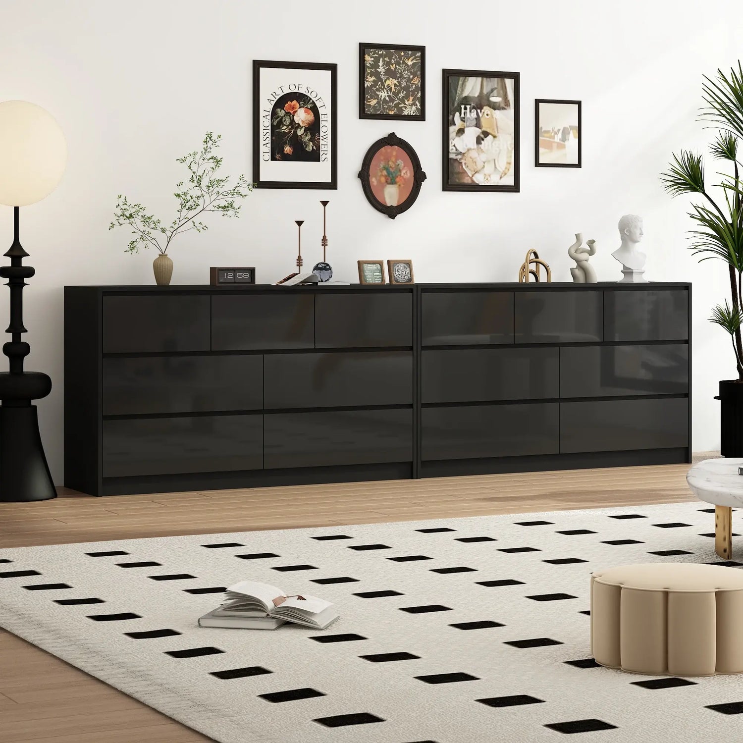 7 Drawer Dresser for Bedroom, 55 Inch Modern Dresser with High Gloss Drawers, Large Wood Chest of Drawer, White/Black Jonine&