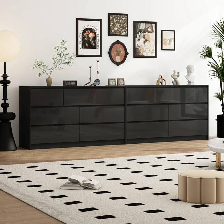 7 Drawer Dresser for Bedroom, 55 Inch Modern Dresser with High Gloss Drawers, Large Wood Chest of Drawer, White/Black Jonine&