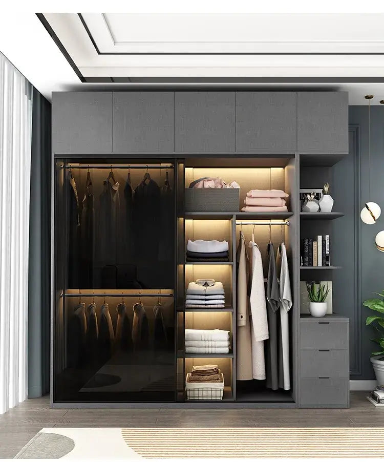 Bedroom Glass Sliding Door Wardrobe Clothes Storage Cabinet Closet Double Wardrobe Cabinets Wardrobes Furniture Modern Simple Jonine&