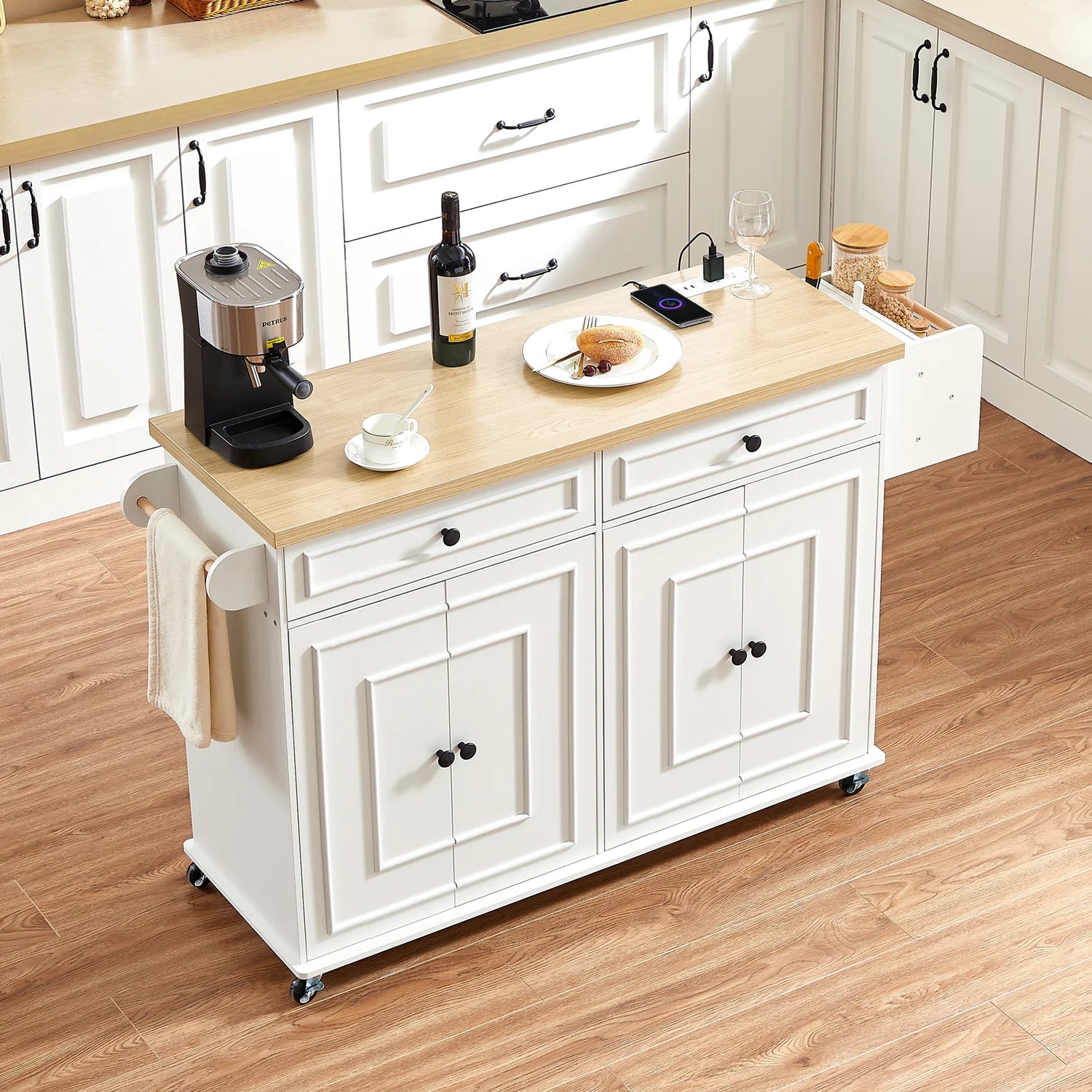 The Kitchen That Moves With You — 60" Rolling Island Cart with Power Outlet