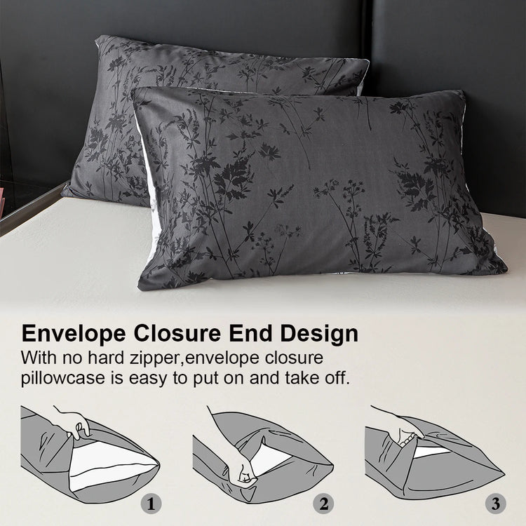 Black and White Plant Print Three-Piece Quilt Cover Set (1 Quilt Cover + 2 Pillowcases) Ultra-Soft Breathable Fabric, Skin-Friendly, Comfortable, Breathable, Machine Washable, Suitable for All Seasons, Elegant and Exquisite, Jonine&