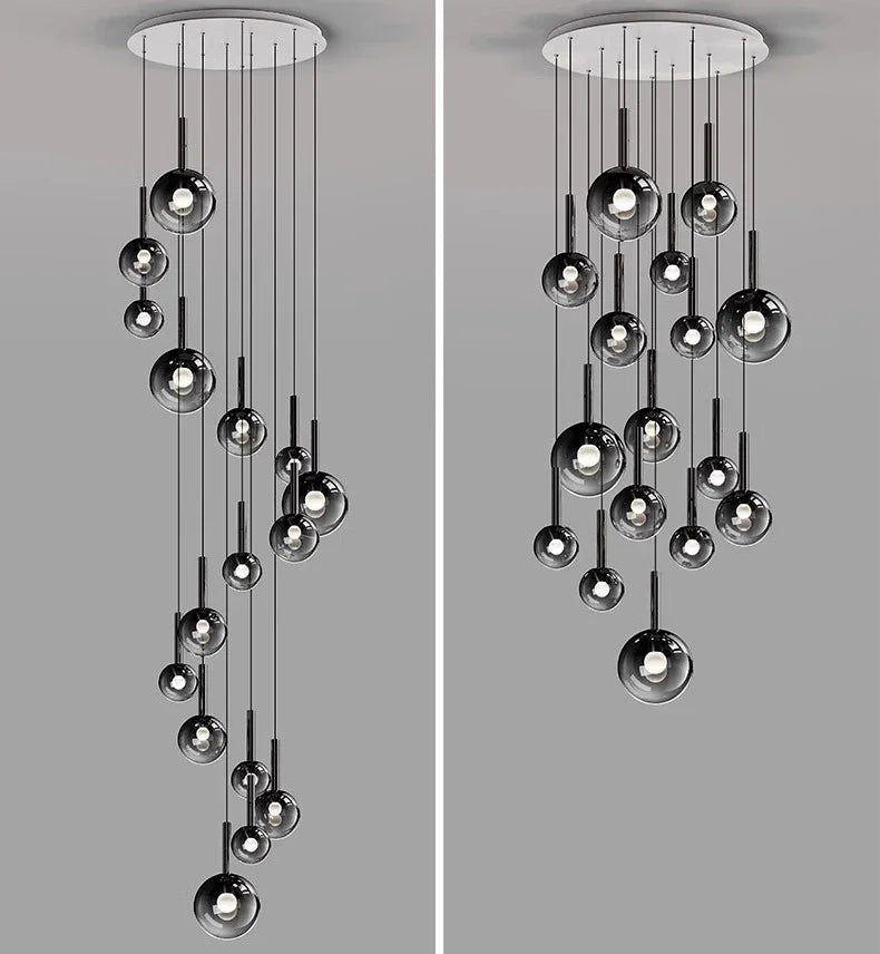 Nordic Stair Chandelier — Living & Dining Room Pendant Ceiling Light featuring multiple black glass globes suspended at varying heights, showcasing a modern Nordic design perfect for statement lighting.