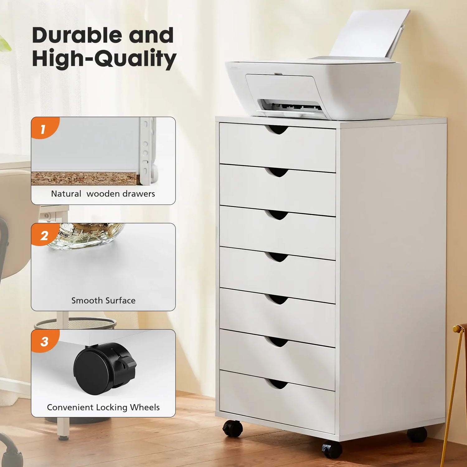 JHK 7 Drawer Chest Dressers Nightstand Storage Cabinet Wooden File Office Mobile Cabinet Wheels Living Room Organizer Rolling Jonine&