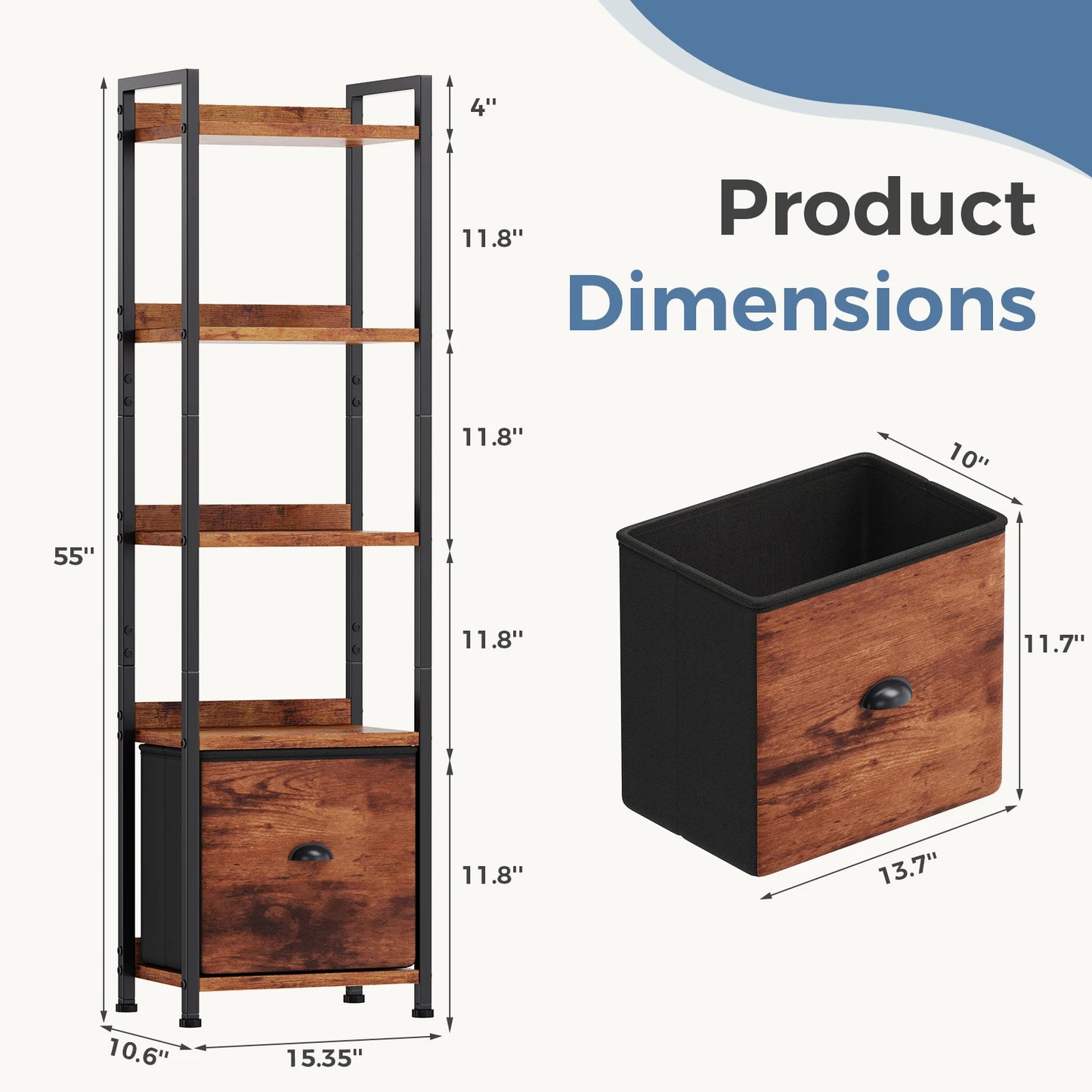 Books, Beauty & Storage — JHK 5-Tier Wood Bookshelf with Fabric Drawer