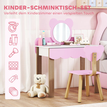 Her First Vanity — Children's Dressing Table Set with Bear Mirror & Stool in Pink & White