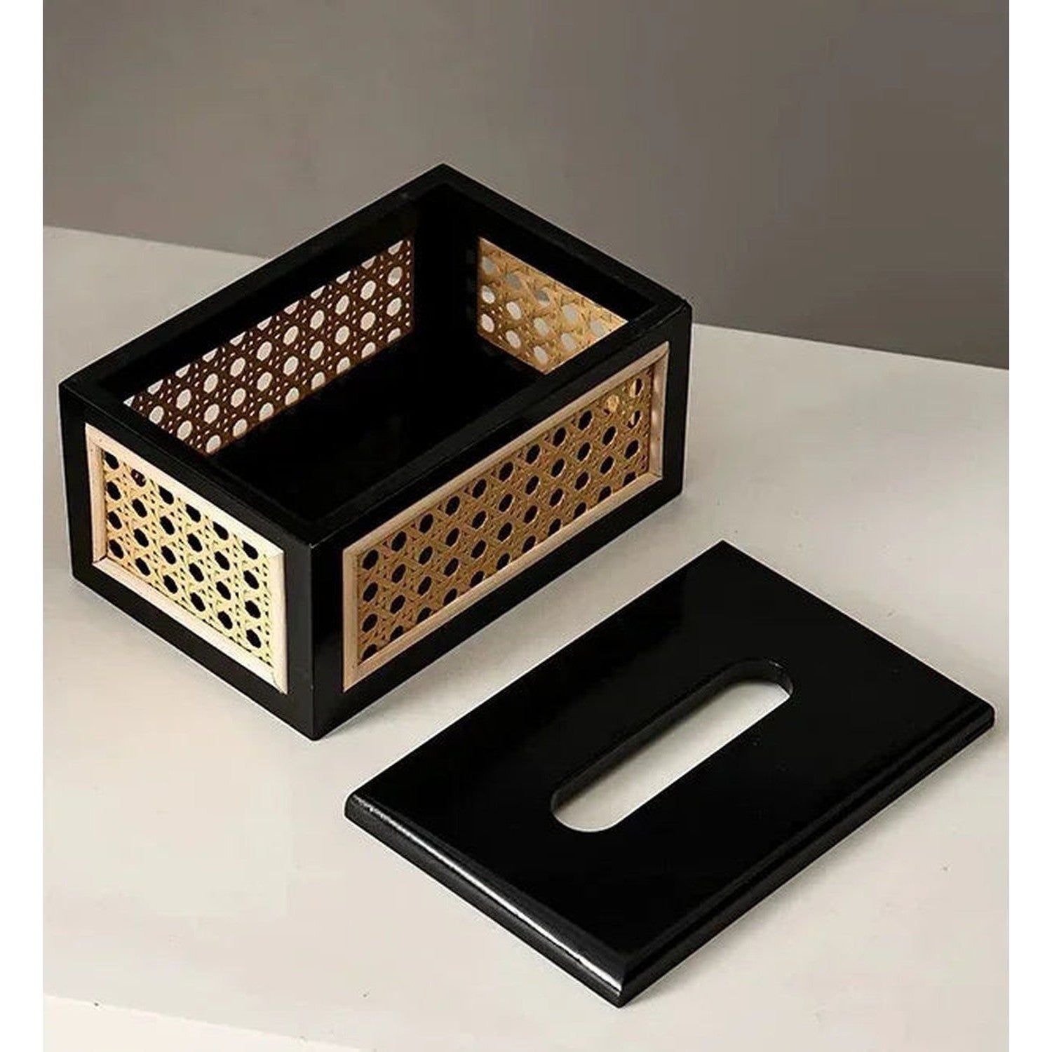 Rattan &amp; Wood Tissue Box