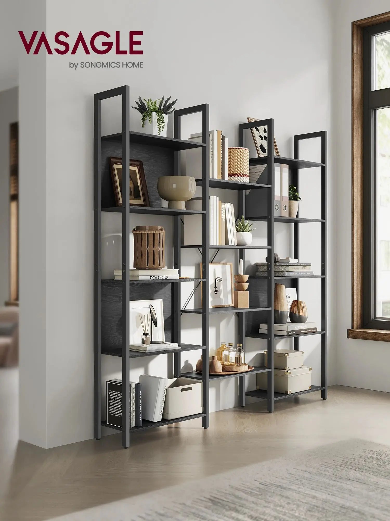 VASAGLE Bookshelf, 14 Shelves, Metal Rack for living room Study office Industrial Design