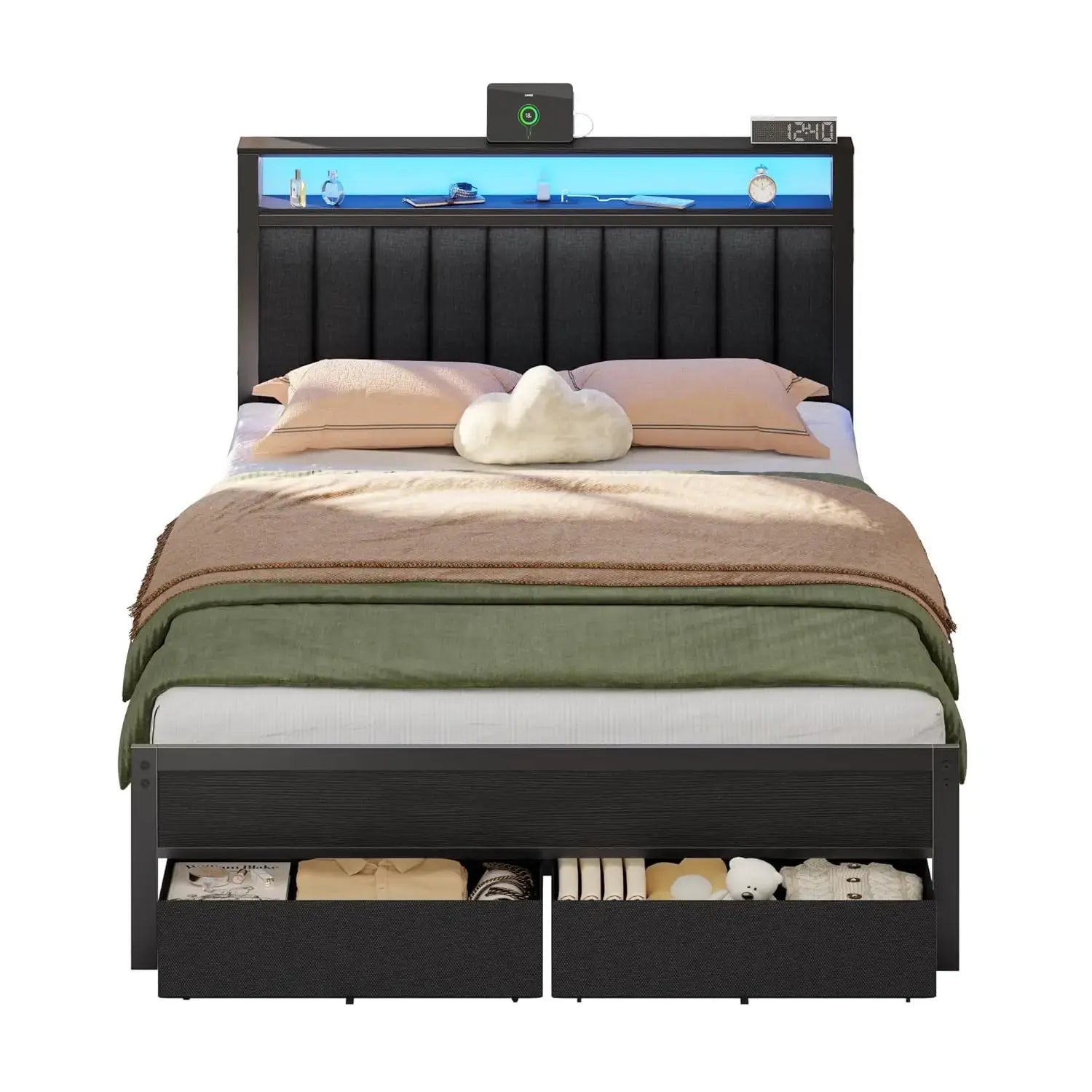 Queen Bed Frame with Charging Station and LED Lights, Grey Upholstered Headboard with Shelves, Metal Platform Bed, Customized Jonine&