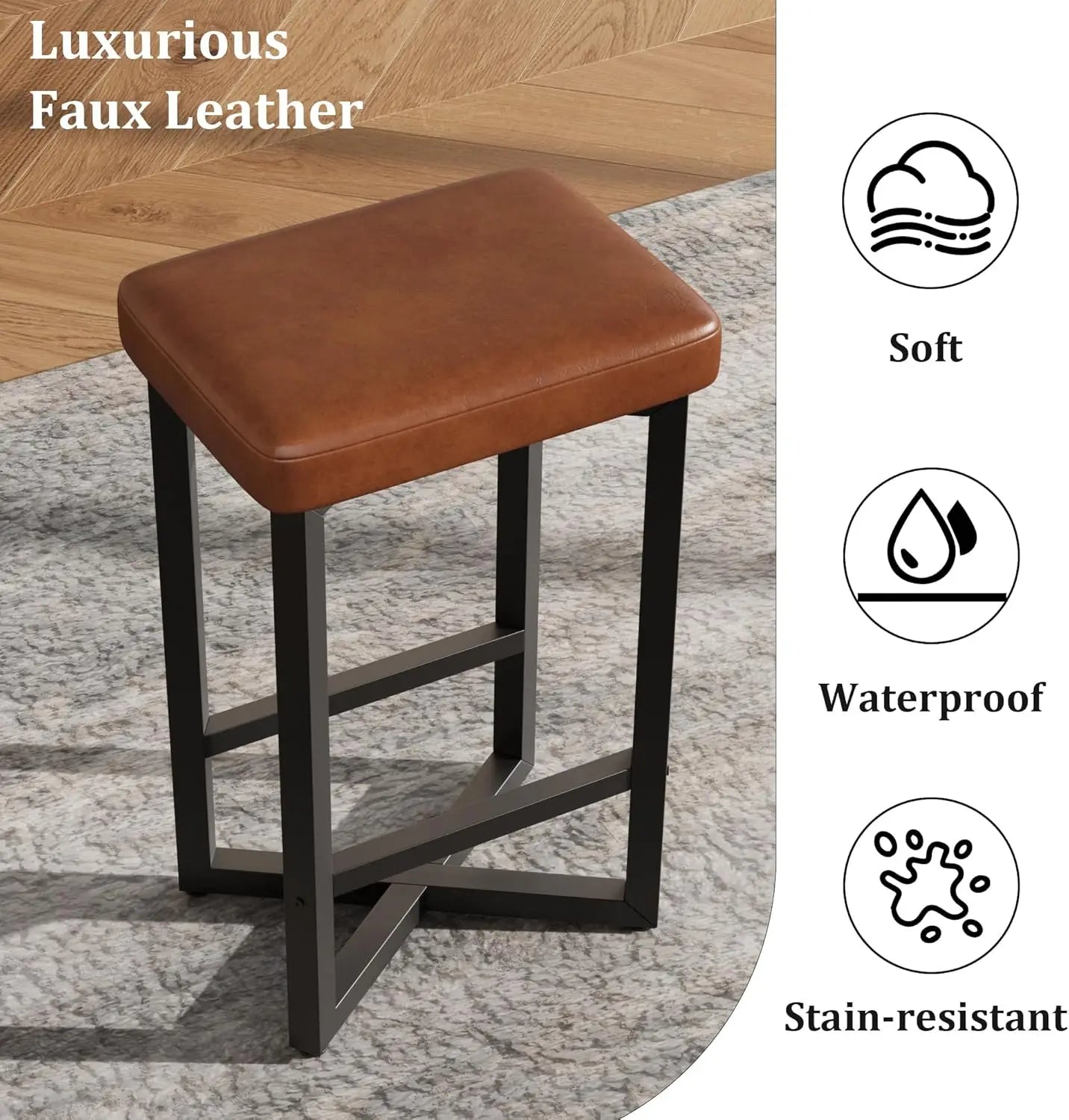 24" Bar Stools Set of 2 — Backless Counter Height with PU Leather Seat featuring a soft, waterproof, and stain-resistant brown faux leather cushion with a black metal frame in a modern design.