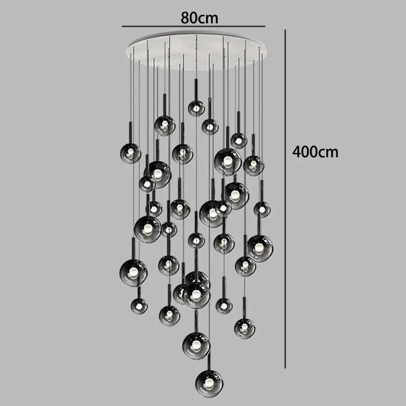 Nordic Stair Chandelier — Living & Dining Room Pendant Ceiling Light with multiple black spherical pendants suspended at varying heights from a round white ceiling mount, showcasing a modern Nordic design.