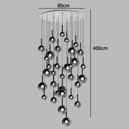 Nordic Stair Chandelier — Living & Dining Room Pendant Ceiling Light with multiple black spherical pendants suspended at varying heights from a round white ceiling mount, showcasing a modern Nordic design.