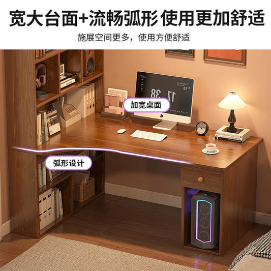 L-Shaped Corner Desk with Bookshelf — Dual Monitor & Home Office