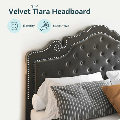 Velvet Platform Bed Frame with Adjustable Tiara Headboard — Diamond Tufted, Full/Queen/King Jonine&