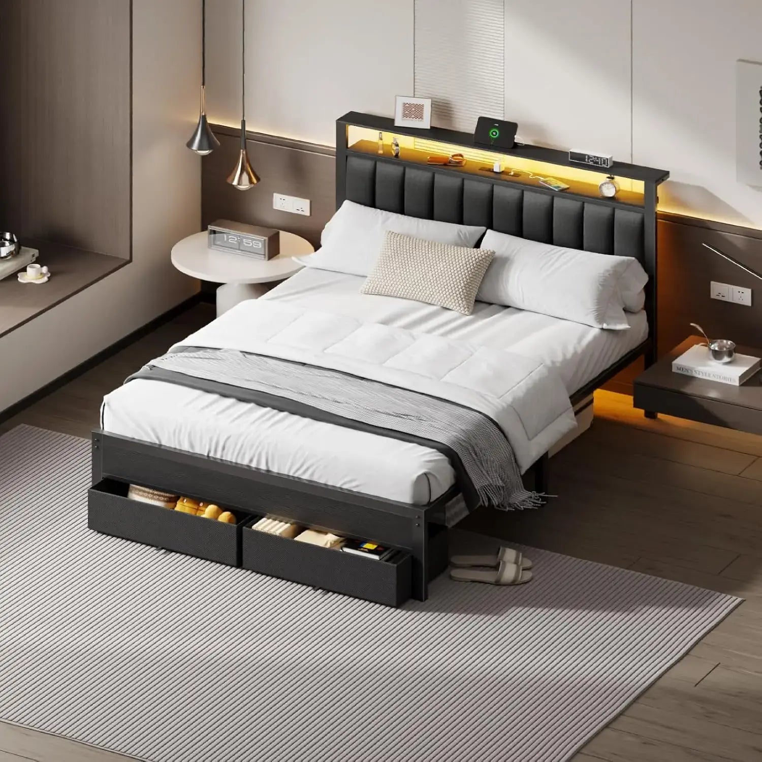 Queen Bed Frame with Charging Station and LED Lights, Grey Upholstered Headboard with Shelves, Metal Platform Bed, Customized Jonine&