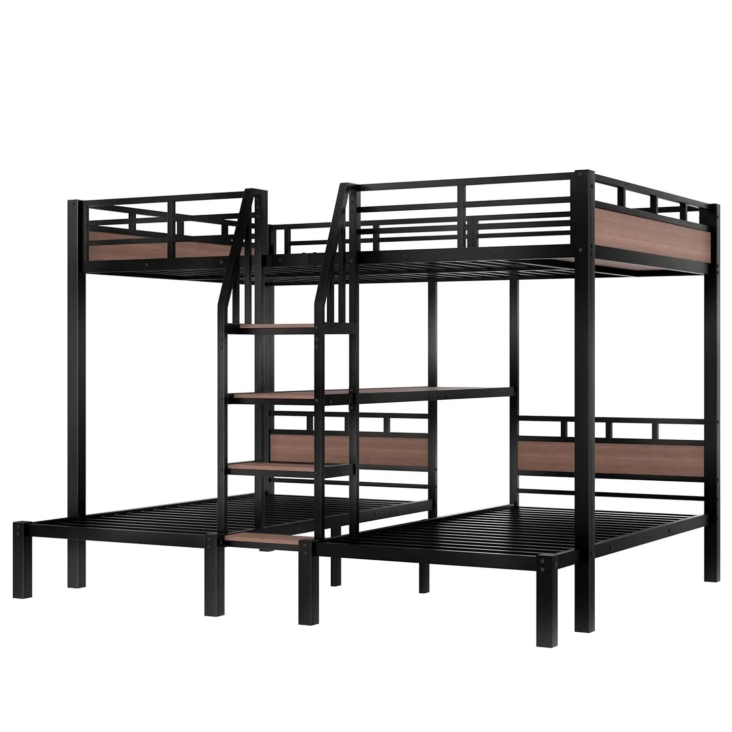 3-in-1 Queen Over Twin Metal Bunk Bed with Storage Stairs