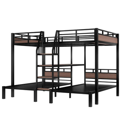3-in-1 Queen Over Twin Metal Bunk Bed with Storage Stairs