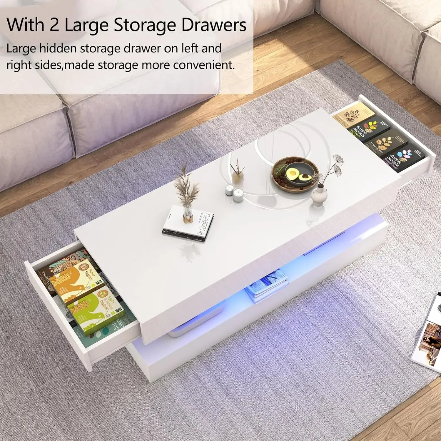 Modern Stylish Coffee Table with LED lights, Double-Layer Design for Living Room Coffee Table with 2 Storage Drawers Jonine&