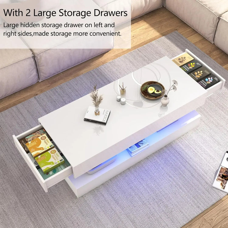 Modern Stylish Coffee Table with LED lights, Double-Layer Design for Living Room Coffee Table with 2 Storage Drawers Jonine&