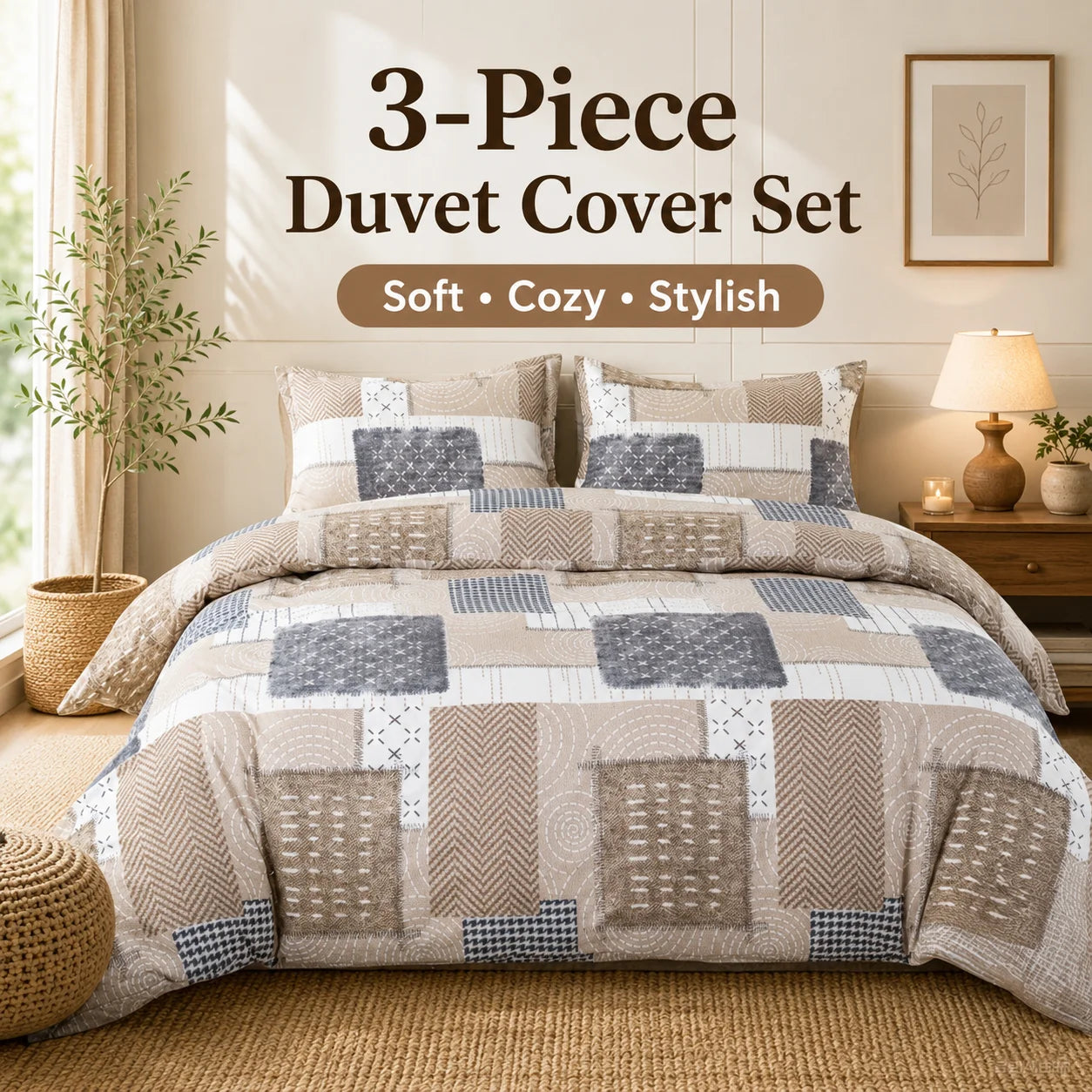 Boho Patchwork Duvet Cover Set, Beige Grey Geometric Bedding Set, Farmhouse Soft Bed Cover with Pillowcases, Twin Full Queen King Breathable and Ultra-Soft, Suitable for All Seasons, Includes 1 Duvet Cover and 1-2 Pillowcases Jonine&