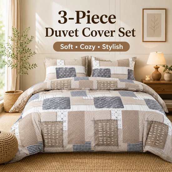 Boho Patchwork Duvet Cover Set, Beige Grey Geometric Bedding Set, Farmhouse Soft Bed Cover with Pillowcases, Twin Full Queen King Breathable and Ultra-Soft, Suitable for All Seasons, Includes 1 Duvet Cover and 1-2 Pillowcases Jonine&