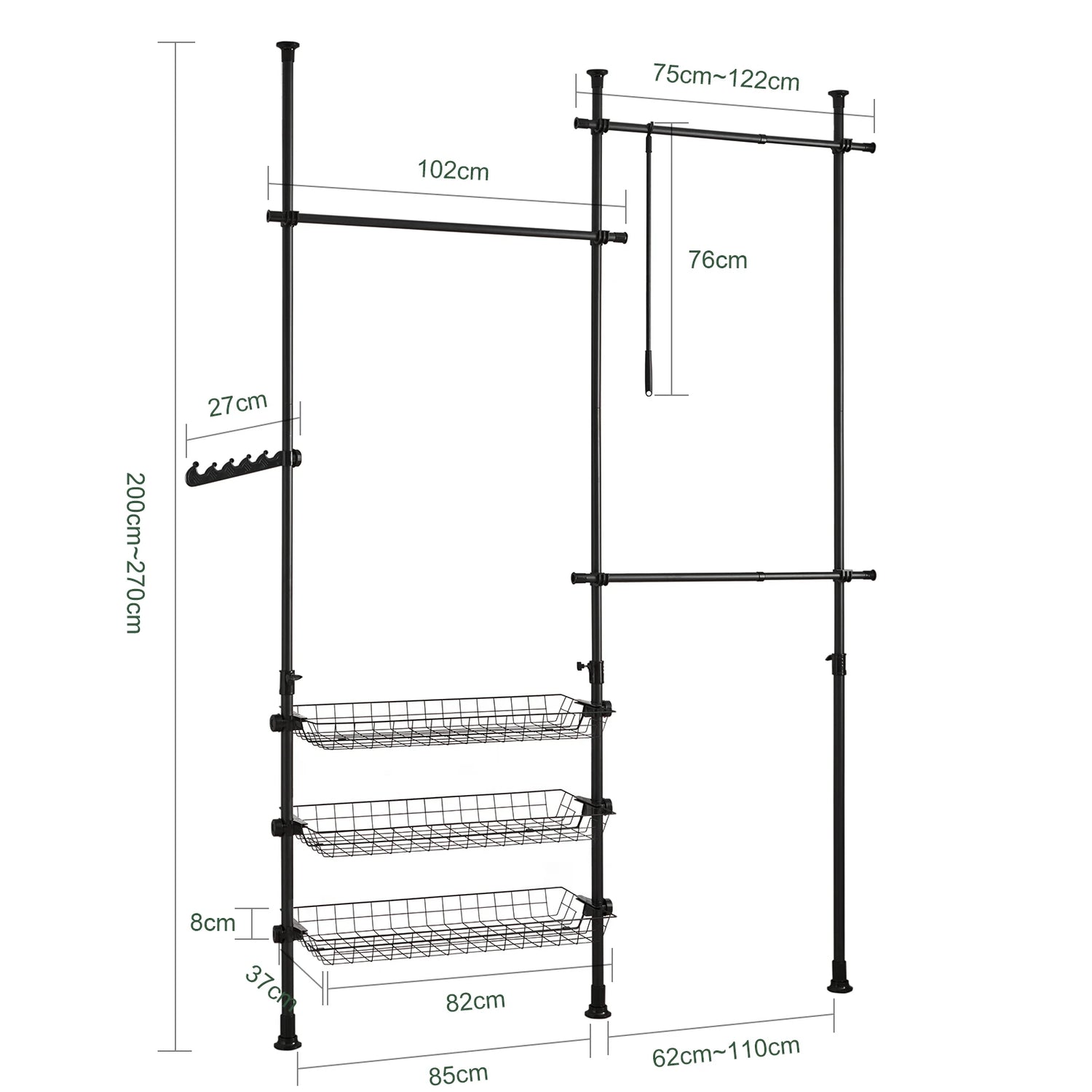 SoBuy FRG34 Shelving System with 3 dresses Bars and 3 Baskets Telescopic Wardrobe System Adjustable Order System