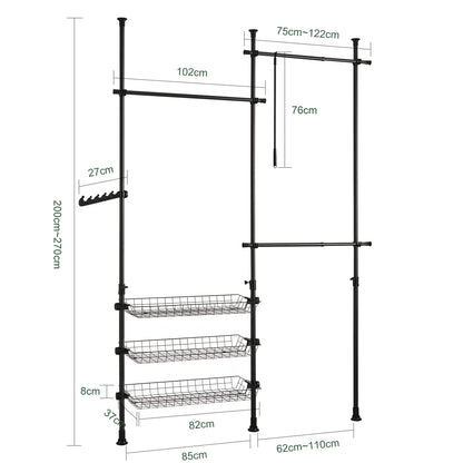 SoBuy FRG34 Shelving System with 3 dresses Bars and 3 Baskets Telescopic Wardrobe System Adjustable Order System