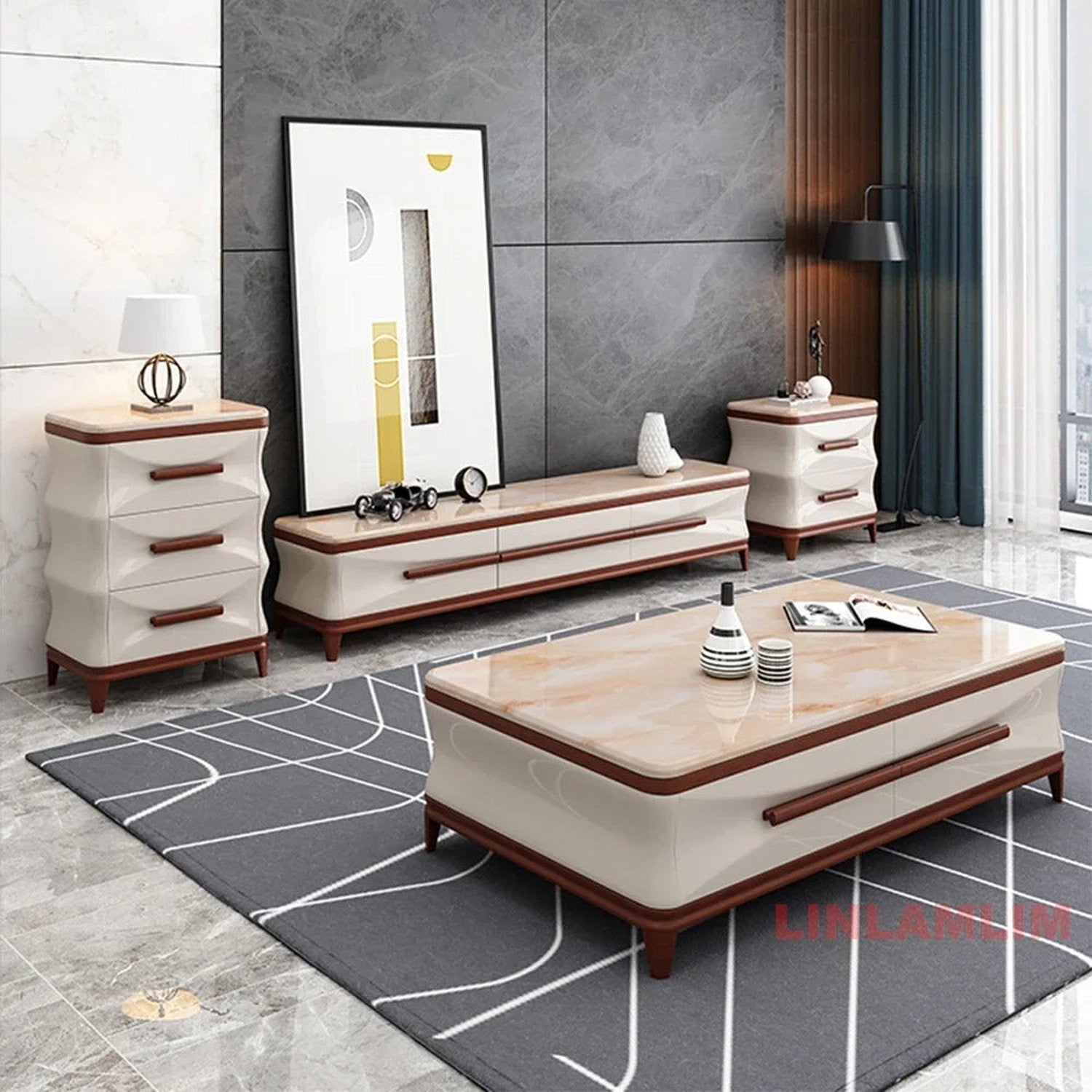 Marble &amp; Wood Living Room Furniture Set — Coffee Table, TV Stand &amp; Side Cabinets