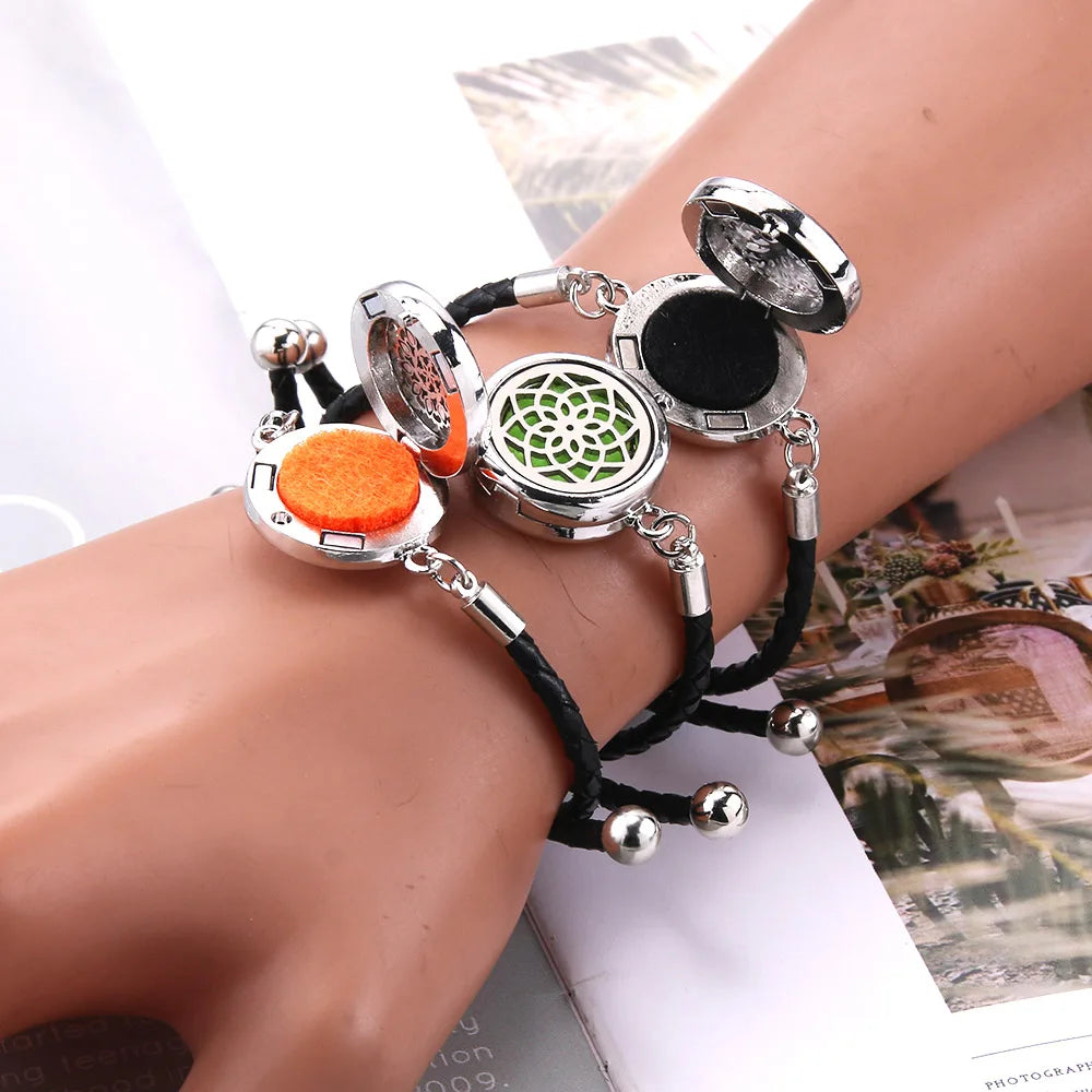 The Scent Locket — Aromatherapy Essential Oil Diffuser Bracelet in Black Leather &amp; Stainless Steel