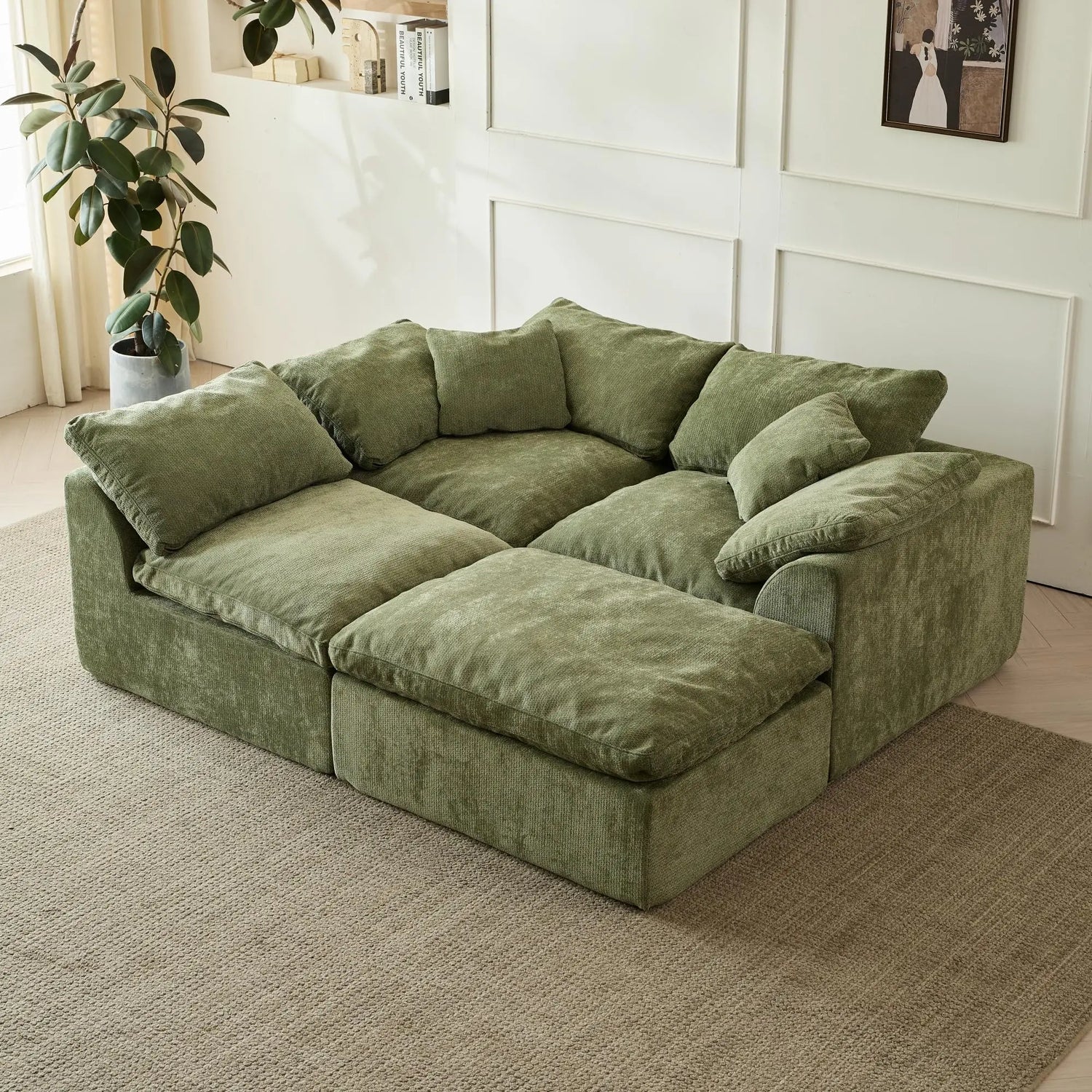 Modern Cloud L-Shaped Sectional Sofa with Ottoman — Oversized Deep Seat, Chenille Fabric
