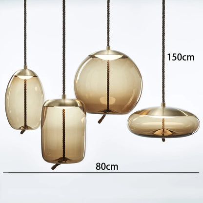 Modern LED Pendant Light — Chandelier for Living & Dining Room featuring four hanging amber glass shades with varied shapes and rope cords, creating a warm, elegant ambiance.