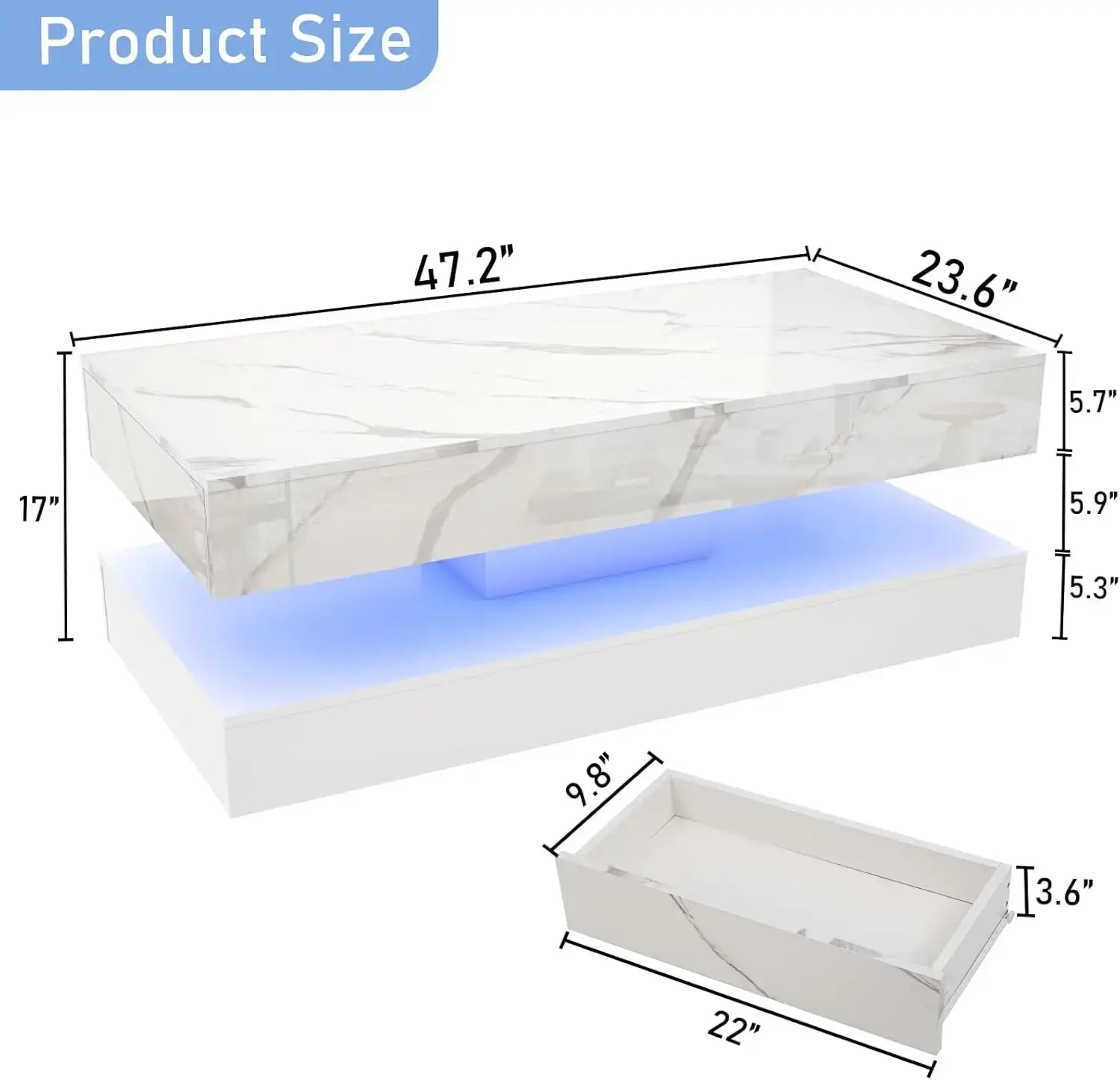 Modern Stylish Coffee Table with LED lights, Double-Layer Design for Living Room Coffee Table with 2 Storage Drawers Jonine&