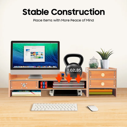 Lift, Store, Organise — Monitor Stand with Drawers, Key Hook & Phone Holder