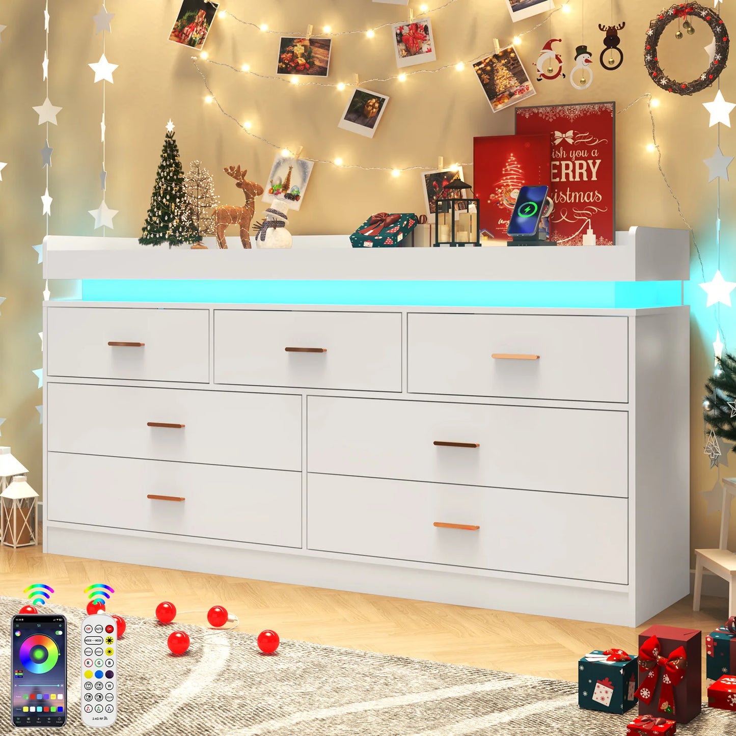 7 Drawer Dresser with LED Light and Charging Station, Modern Chest of Drawers for Closet, Wide Drawer Organizer Cabinet for Bedr