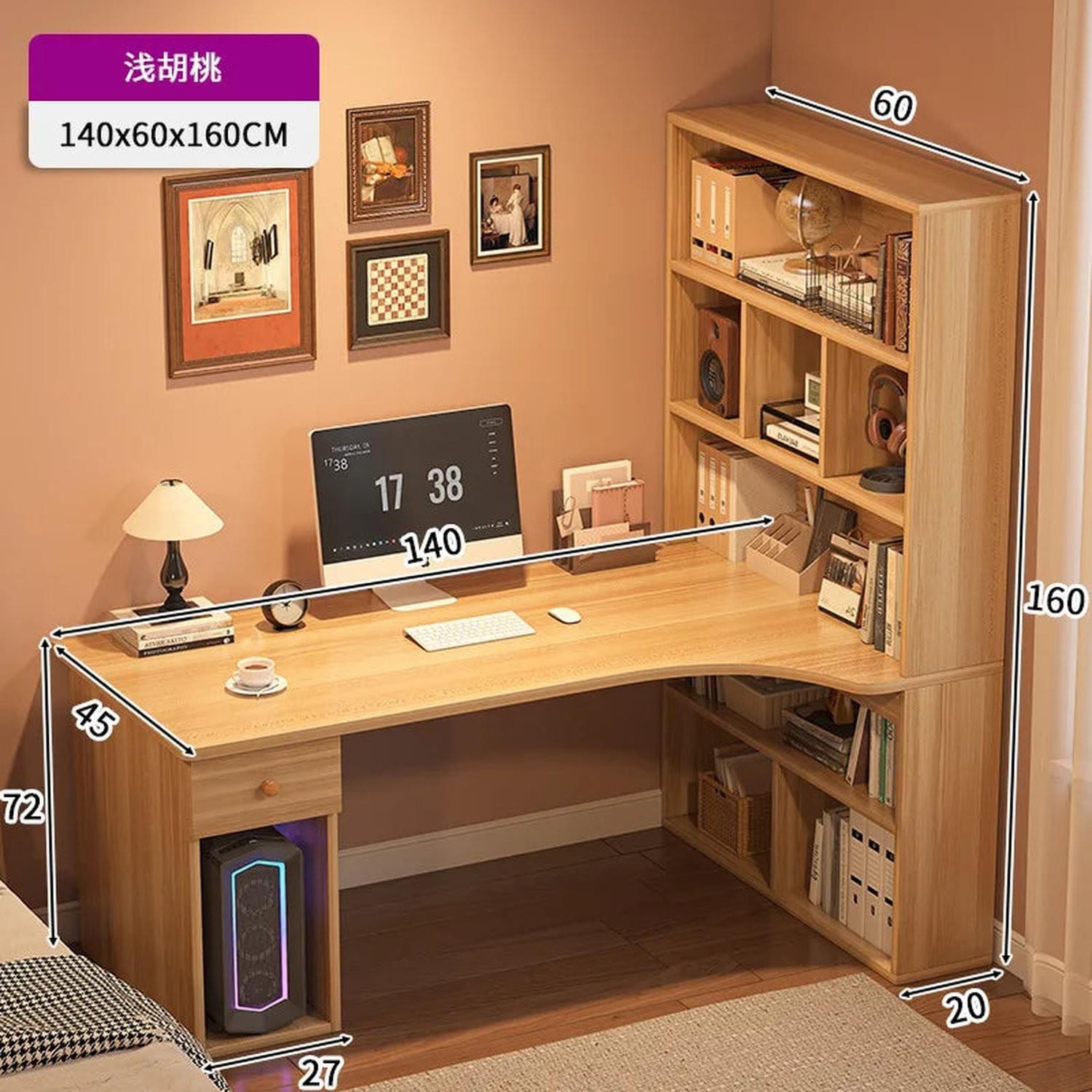 L-Shaped Corner Desk with Bookshelf — Dual Monitor &amp; Home Office