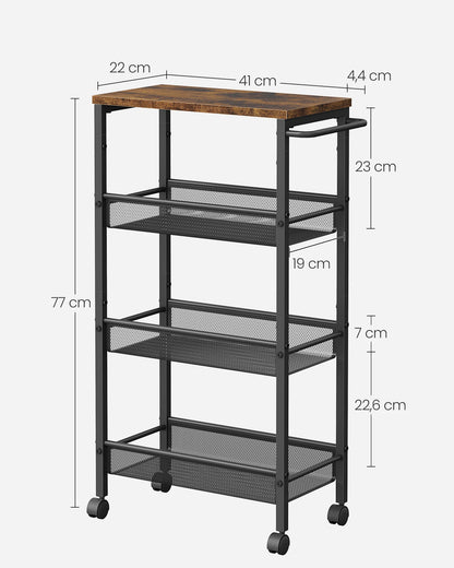 VASAGLE 4-Tier Trolley with Space-Saving Kitchen Trolley with Wheels, Handle, Small Spaces, Bathroom Living Room Study,
