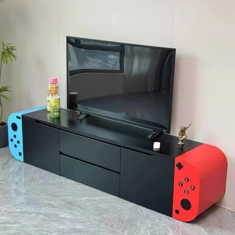 Modern TV stand with white drawers wood accents open shelf and low cabinet design