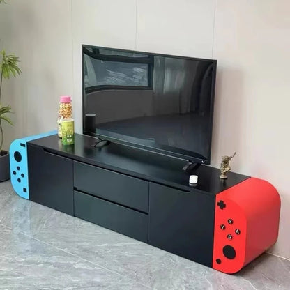 Modern TV stand with white drawers wood accents open shelf and low cabinet design