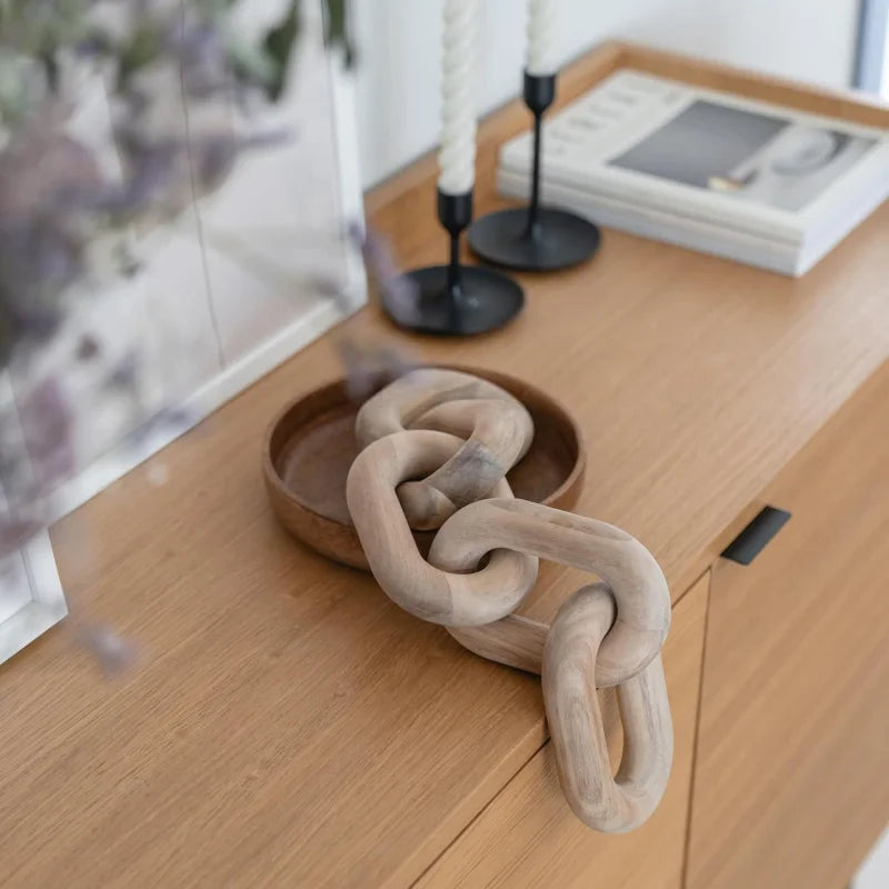 Linked & Handcrafted — Acacia Wood Chain Sculpture, 20" Boho Tabletop & Wall Art