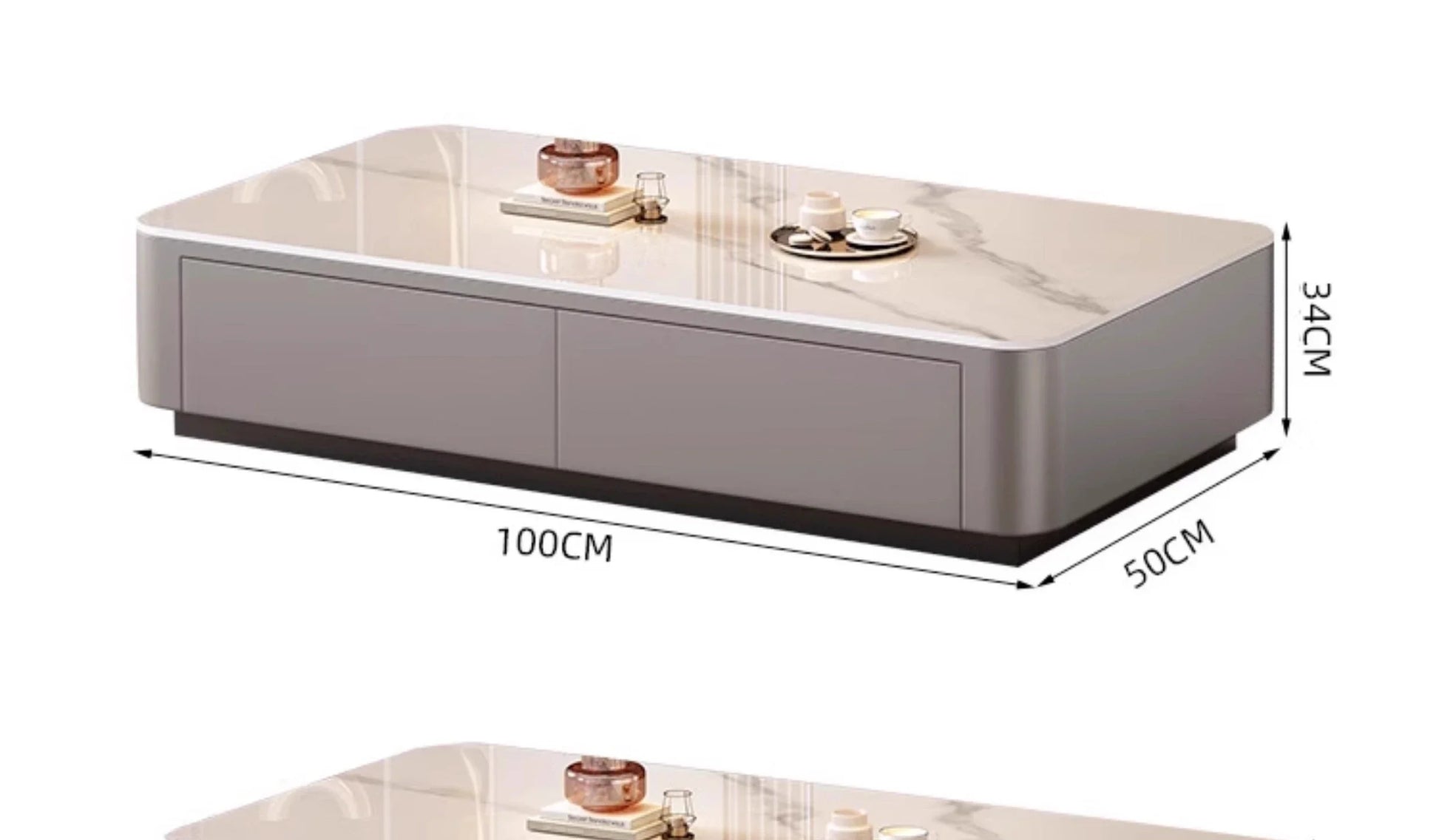 Nordic Clear Designer Coffee Table — Minimalist Living Room Décor with a sleek rectangular marble top and rounded edges, featuring integrated storage drawers for a modern Nordic design aesthetic.