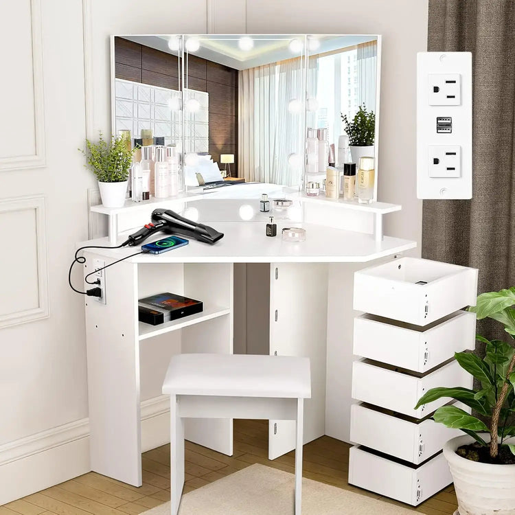 Vanity with Lights - Makeup Vanity Desk with Power Outlet, 3 Color Lighting Options Brightness Adjustable, Vanity, Customized Jonine&