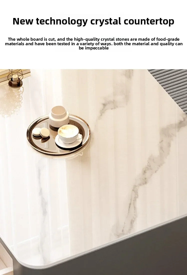 Close-up view of a glossy crystal countertop with a minimalist tray holding a coffee cup and macarons, highlighting the high-quality material of the Nordic Clear Designer Coffee Table — Minimalist Living Room Décor.