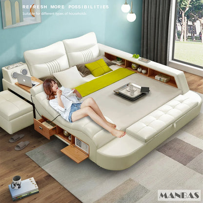 Modern All in One Smart Bed Frame, Multi-Functional Upholstered Platform Bed with Drawers, LED Lighting, Bluetooth Speaker & USB
