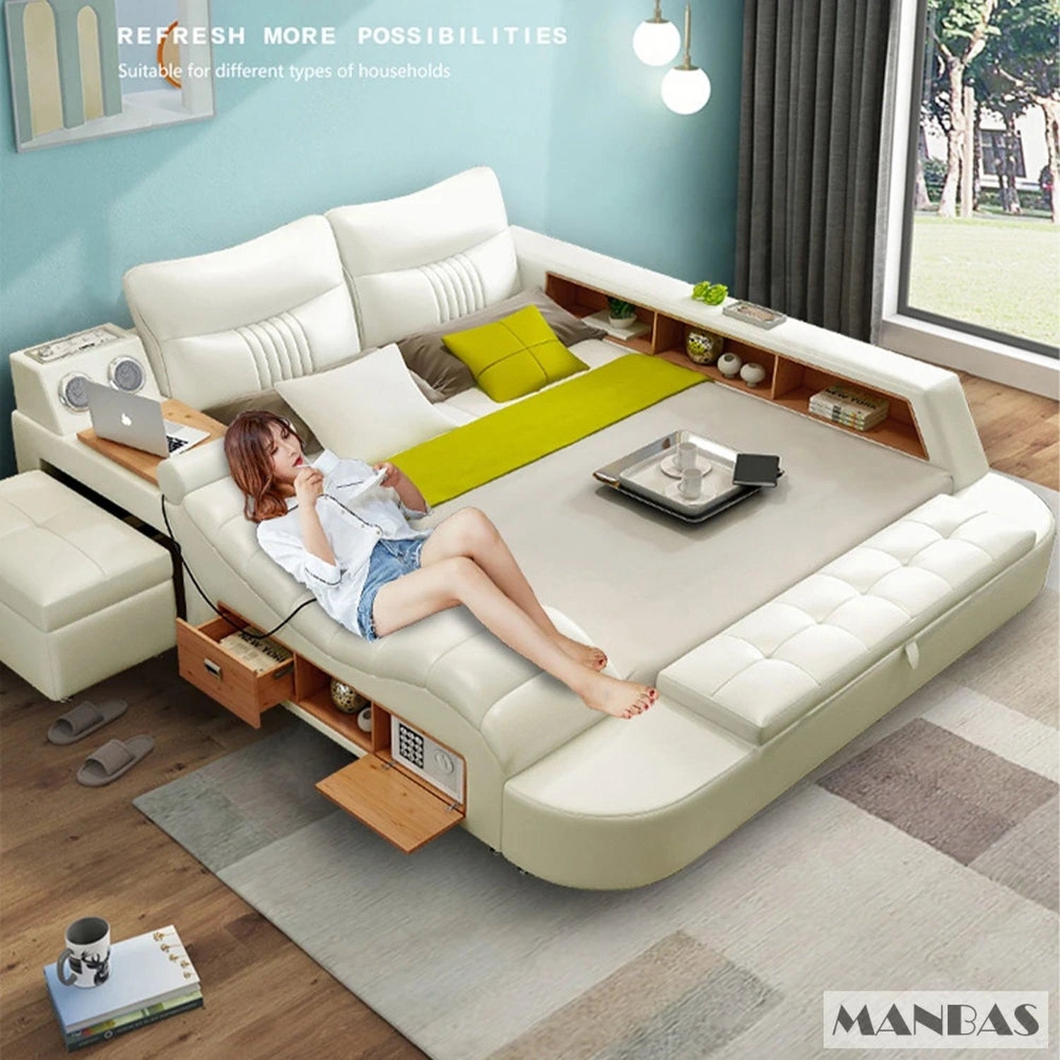 The Everything Bed — Upholstered Platform Bed with Drawers, LED Lighting &amp; Bluetooth Speaker