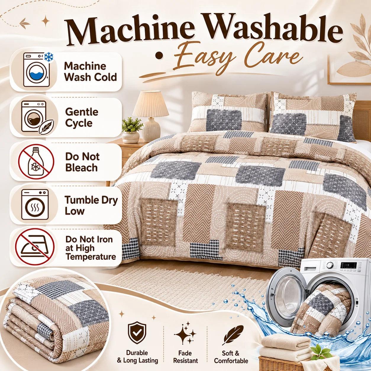 Boho Patchwork Duvet Cover Set, Beige Grey Geometric Bedding Set, Farmhouse Soft Bed Cover with Pillowcases, Twin Full Queen King Breathable and Ultra-Soft, Suitable for All Seasons, Includes 1 Duvet Cover and 1-2 Pillowcases Jonine&