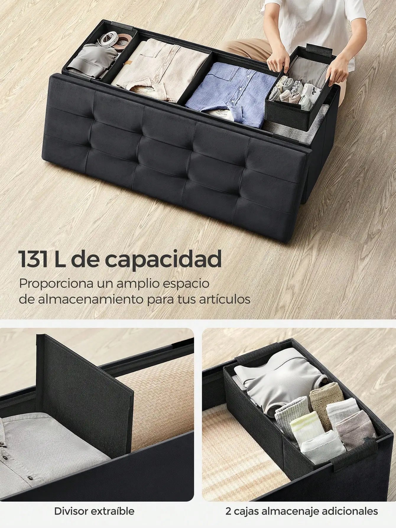 SONGMICS Foldable Storage Ottoman: 38 x 110 x 38 cm Cube Bench (300 kg capacity) for Living Room, Bedroom