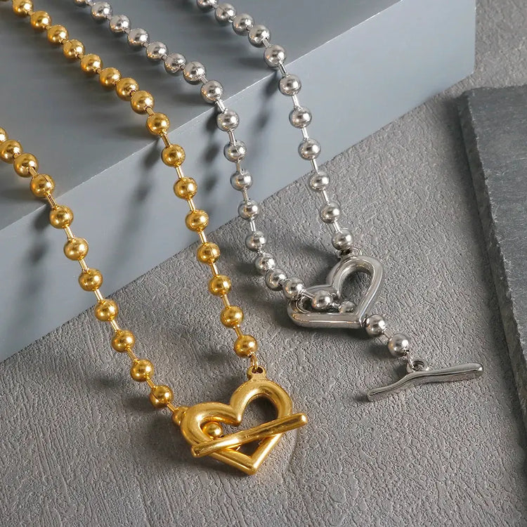 Gold Heart Toggle Necklace — Beaded Chain Gift for Her
