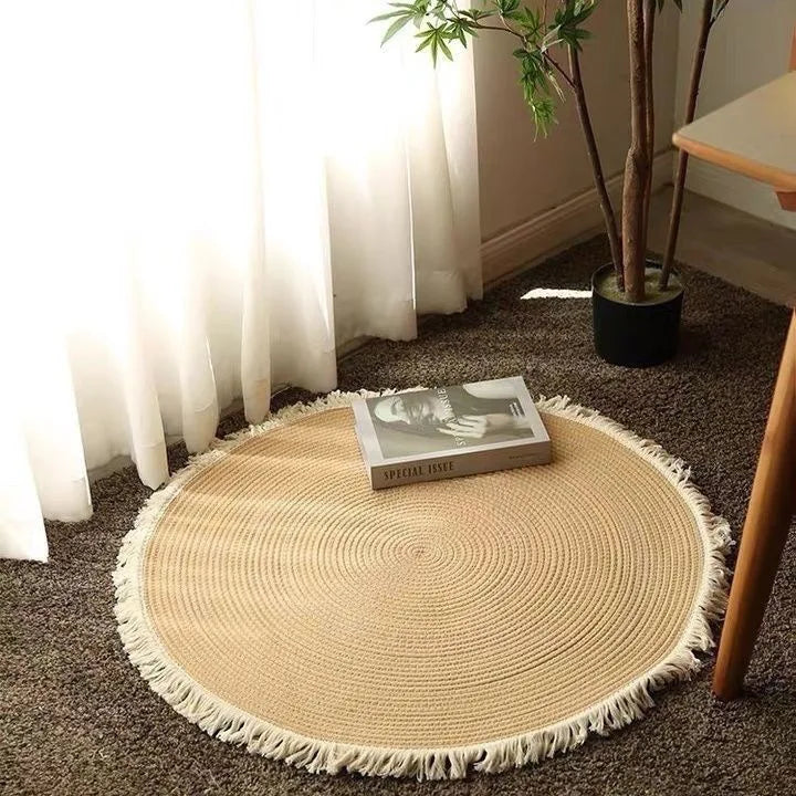 Hand-Woven Natural Jute Round Rug with Tassels – 80cm Boho Floor Mat