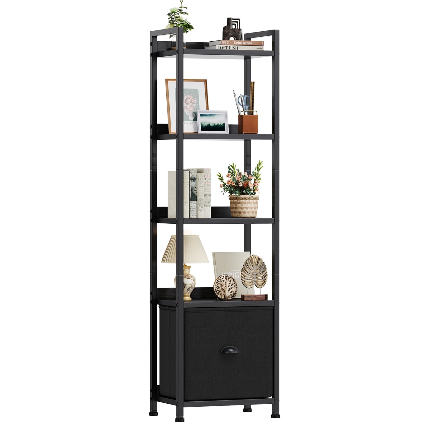 Books, Beauty & Storage — JHK 5-Tier Wood Bookshelf with Fabric Drawer
