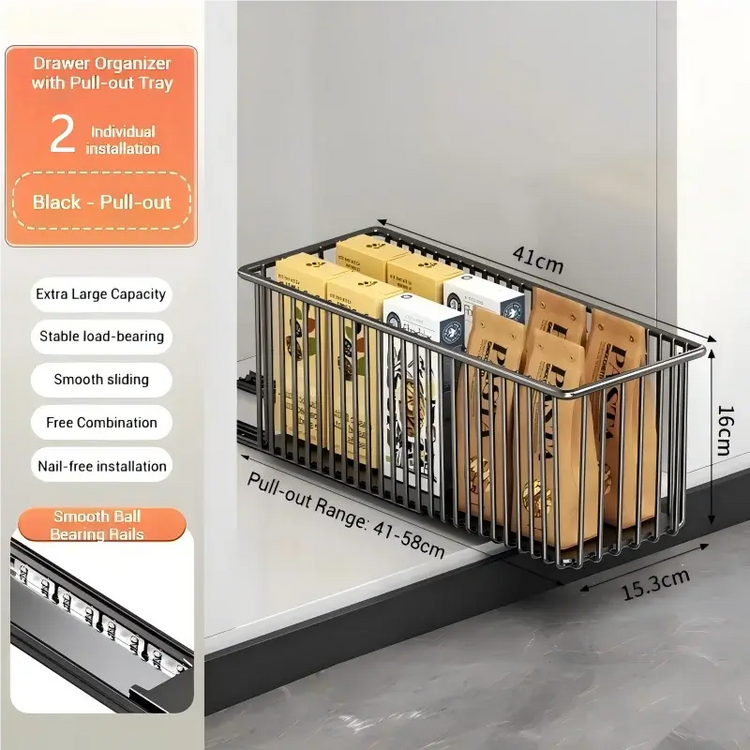 2Pcs Pull Out Cabinet Organizer Carbon Steel Slide Out Drawers Sliding Pantry Shelves For Kitchen Base Cabinet Organization Jonine&