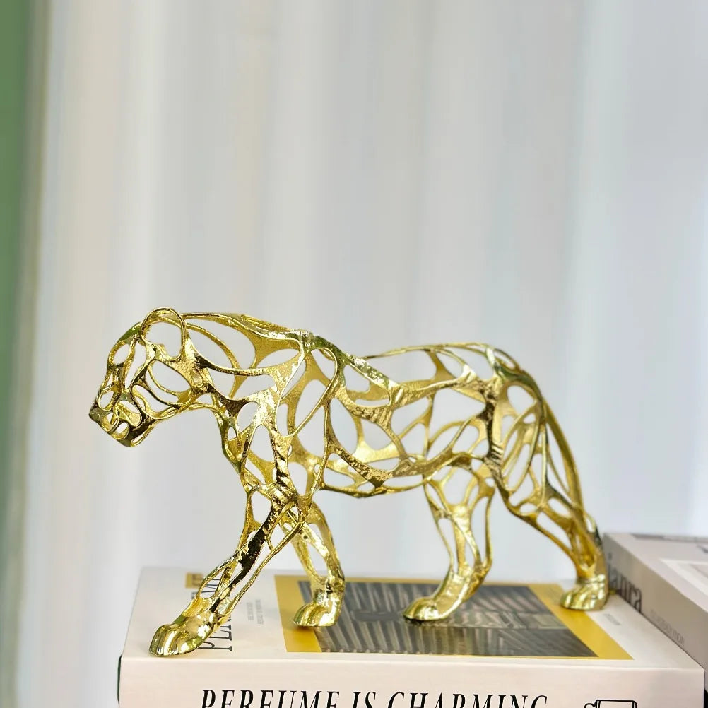 Nordic Metal Leopard Sculpture — Living Room Desktop Home Décor, a sleek gold-tone sculptural accent with an openwork design, perfect for adding a modern Nordic touch to luxury home décor.